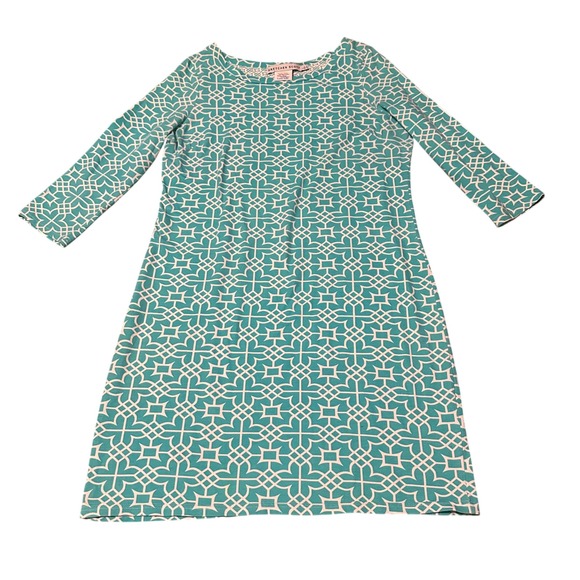 Gretchen Scott Teal White Geometric Print 3/4 Sleeve Knit Dress Size L - Picture 1 of 10